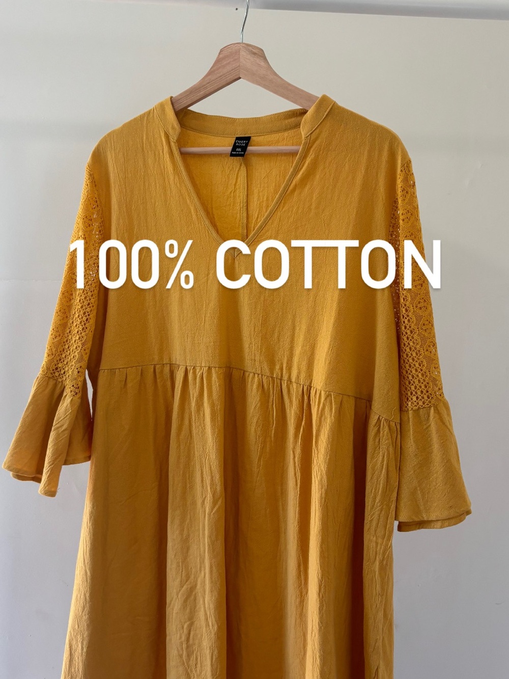 Emery Rose Mustard Embroidered Dress with bell sleeves | 100% cotton | XXL